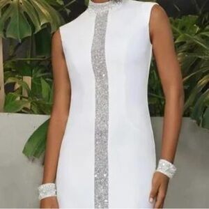 STYLEWE White and Silver Sequin Asymmetrical Sheath Dress
